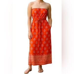 Old Navy Bright Orange Red Medallion Print Strapless Maxi Dress Sz M